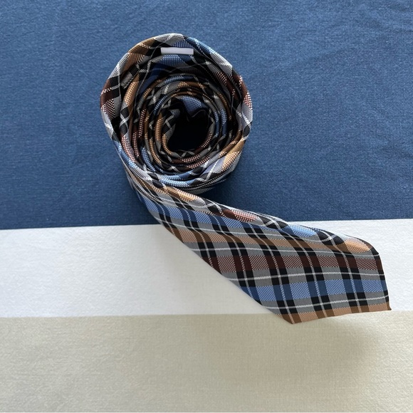 Joseph & Feiss International 100% Silk Earth Tone Brown Blue Plaid Men Neck Tie - Picture 9 of 11